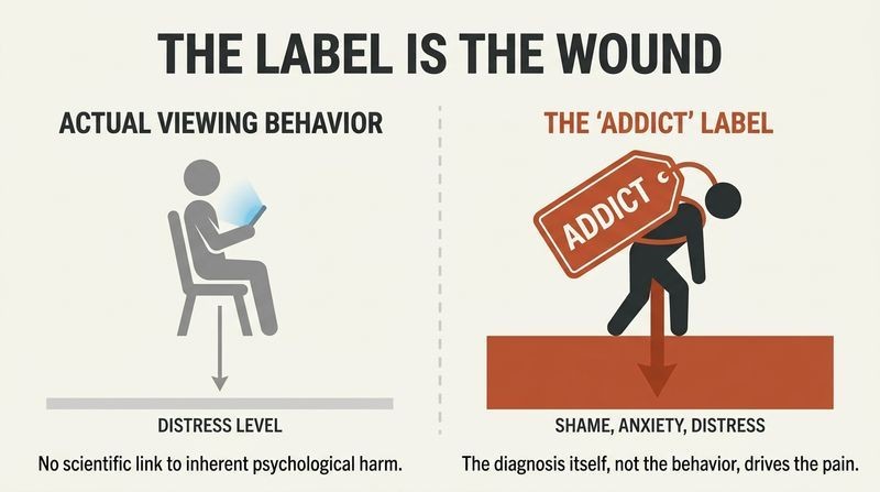 A split-panel diagram contrasting how the actual behavior of viewing porn causes minimal inherent distress, while adopting the "addict" label causes severe shame and anxiety.