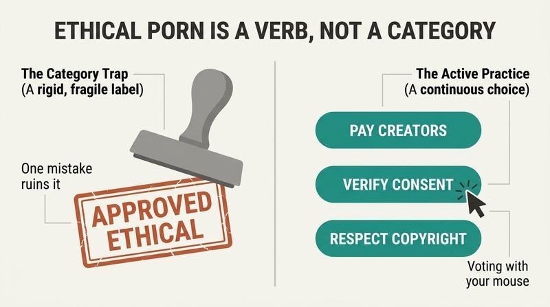 Split panel diagram comparing a static, fragile "ethical stamp" label on the left to an active computer mouse selecting positive, consent-based choices on the right.