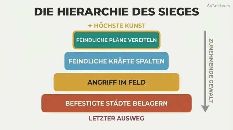 Descending four-tier pyramid ranking military strategies from defeating enemy plans without combat at top to besieging cities at bottom, showing supreme mastery requires the least force.