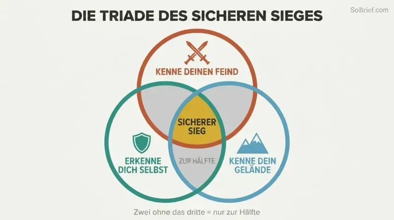 Venn diagram with three overlapping circles for enemy, self, and ground knowledge, their triple intersection highlighted in gold as certain victory.