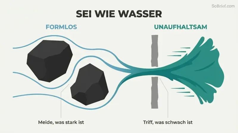 Continuous horizontal water flow transforming from thin adaptive streams around large obstacles into a single concentrated torrent crashing through a narrow gap.