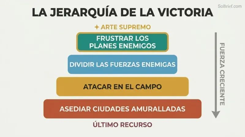 Descending four-tier pyramid ranking military strategies from defeating enemy plans without combat at top to besieging cities at bottom, showing supreme mastery requires the least force.