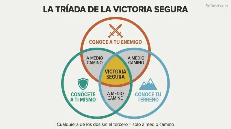 Venn diagram with three overlapping circles for enemy, self, and ground knowledge, their triple intersection highlighted in gold as certain victory.