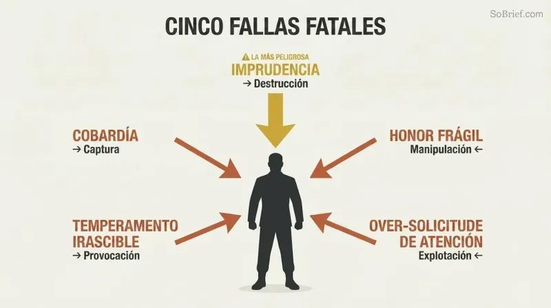 Five labeled arrows converge on a central leader silhouette from different directions, each representing a fatal character flaw and its consequence.