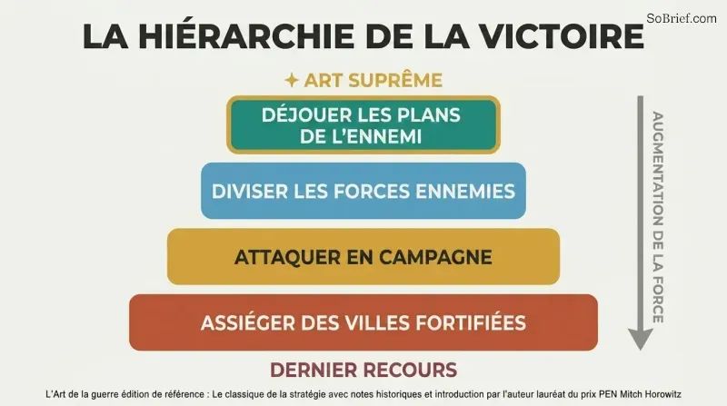 Descending four-tier pyramid ranking military strategies from defeating enemy plans without combat at top to besieging cities at bottom, showing supreme mastery requires the least force.