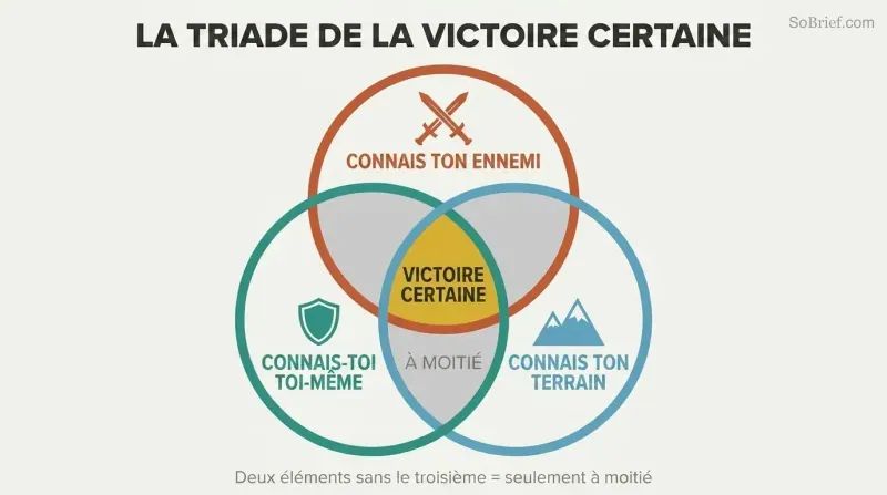 Venn diagram with three overlapping circles for enemy, self, and ground knowledge, their triple intersection highlighted in gold as certain victory.