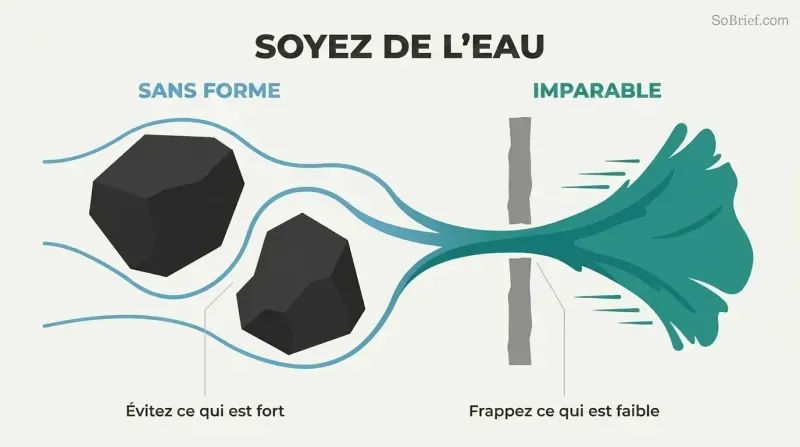 Continuous horizontal water flow transforming from thin adaptive streams around large obstacles into a single concentrated torrent crashing through a narrow gap.