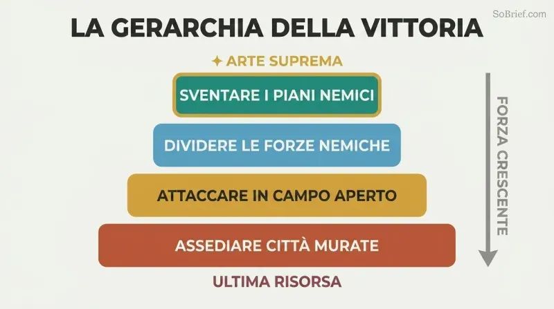 Descending four-tier pyramid ranking military strategies from defeating enemy plans without combat at top to besieging cities at bottom, showing supreme mastery requires the least force.
