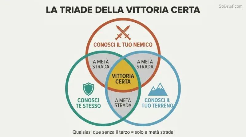 Venn diagram with three overlapping circles for enemy, self, and ground knowledge, their triple intersection highlighted in gold as certain victory.