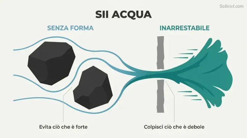 Continuous horizontal water flow transforming from thin adaptive streams around large obstacles into a single concentrated torrent crashing through a narrow gap.