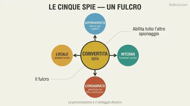 Hub-and-spoke diagram with the converted spy at center connected to four other spy types radiating outward, showing it as the linchpin of all intelligence.