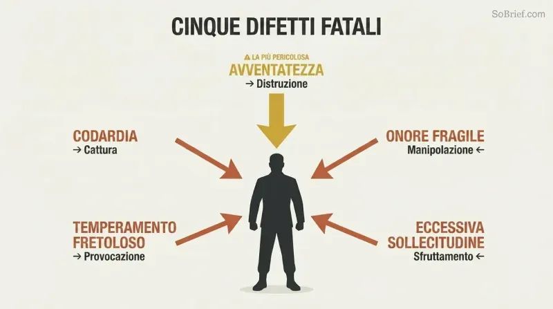 Five labeled arrows converge on a central leader silhouette from different directions, each representing a fatal character flaw and its consequence.