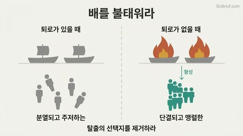 Split panel contrasting scattered gray soldiers with intact boats against a unified teal formation with burning boats behind them, showing how eliminating retreat creates total commitment.