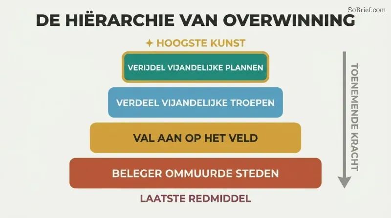 Descending four-tier pyramid ranking military strategies from defeating enemy plans without combat at top to besieging cities at bottom, showing supreme mastery requires the least force.