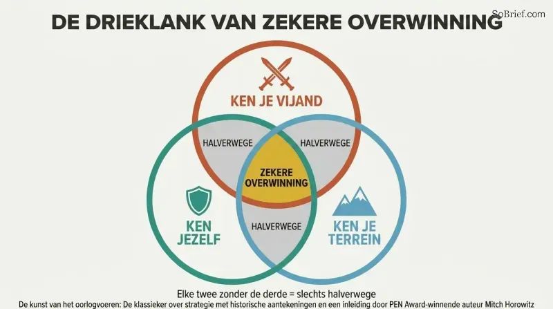 Venn diagram with three overlapping circles for enemy, self, and ground knowledge, their triple intersection highlighted in gold as certain victory.