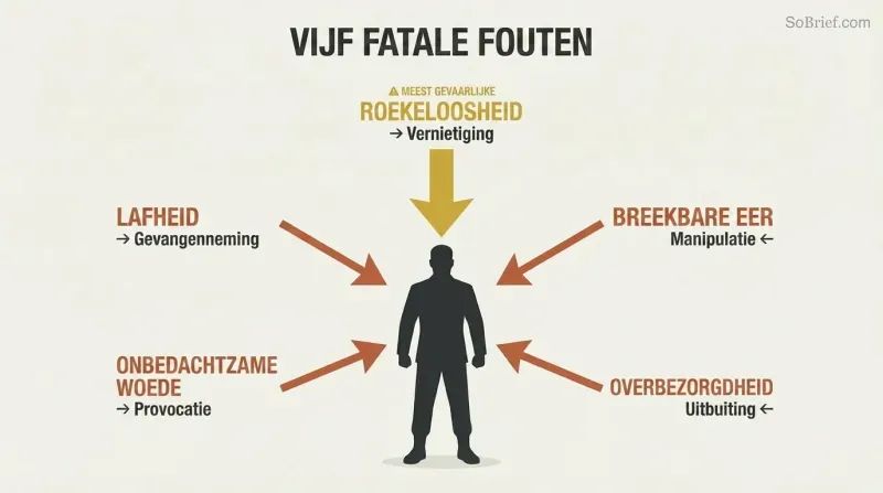 Five labeled arrows converge on a central leader silhouette from different directions, each representing a fatal character flaw and its consequence.