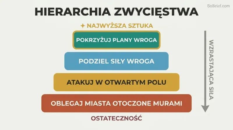 Descending four-tier pyramid ranking military strategies from defeating enemy plans without combat at top to besieging cities at bottom, showing supreme mastery requires the least force.