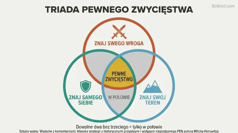 Venn diagram with three overlapping circles for enemy, self, and ground knowledge, their triple intersection highlighted in gold as certain victory.