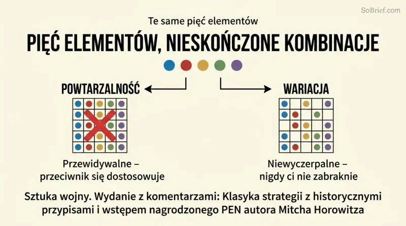 Split diagram showing five colored circles arranged identically three times on the left versus rearranged into three unique patterns on the right, contrasting repetition with variation.