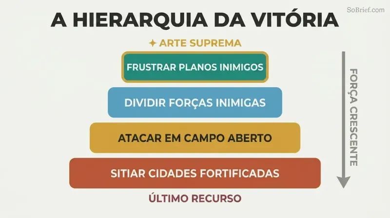 Descending four-tier pyramid ranking military strategies from defeating enemy plans without combat at top to besieging cities at bottom, showing supreme mastery requires the least force.