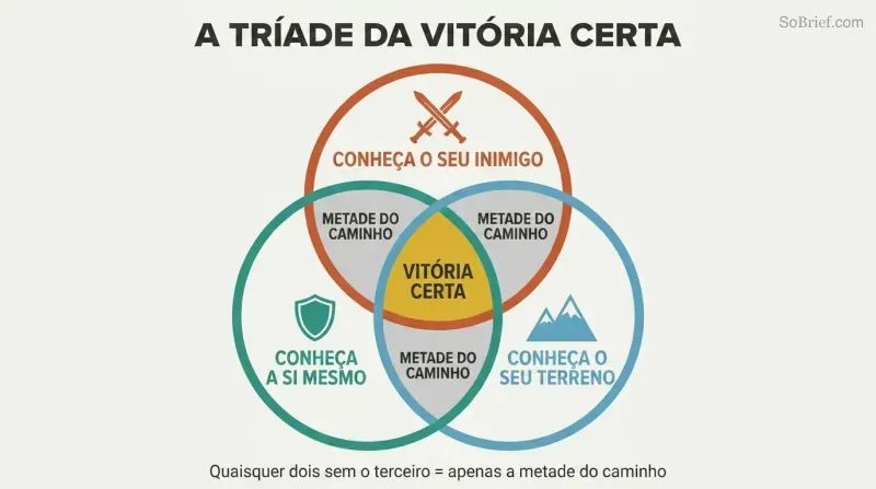 Venn diagram with three overlapping circles for enemy, self, and ground knowledge, their triple intersection highlighted in gold as certain victory.