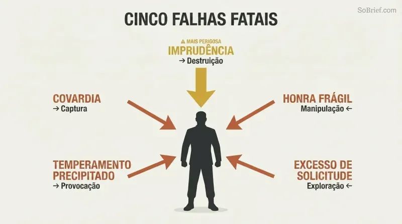 Five labeled arrows converge on a central leader silhouette from different directions, each representing a fatal character flaw and its consequence.