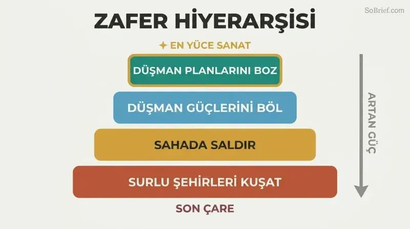 Descending four-tier pyramid ranking military strategies from defeating enemy plans without combat at top to besieging cities at bottom, showing supreme mastery requires the least force.