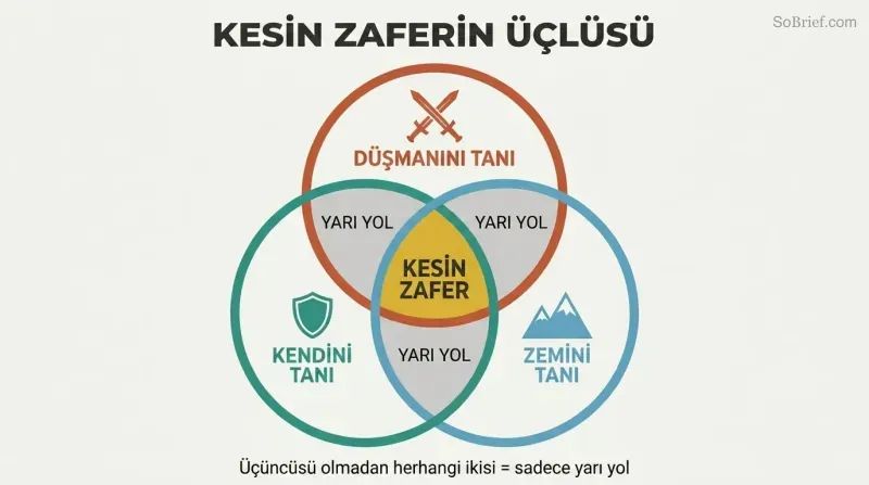 Venn diagram with three overlapping circles for enemy, self, and ground knowledge, their triple intersection highlighted in gold as certain victory.
