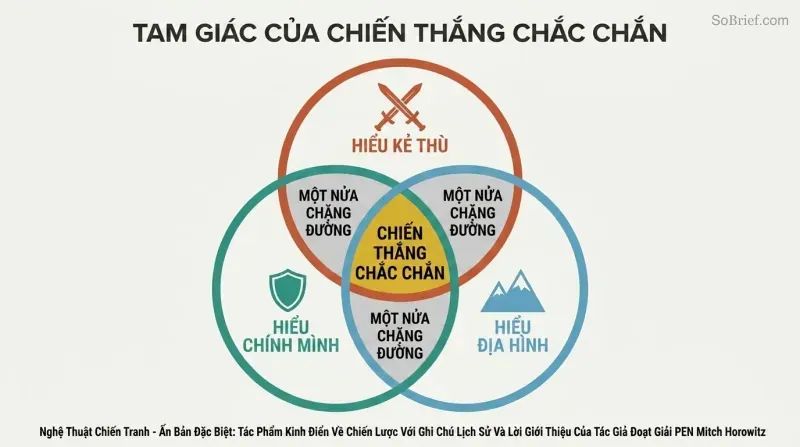 Venn diagram with three overlapping circles for enemy, self, and ground knowledge, their triple intersection highlighted in gold as certain victory.
