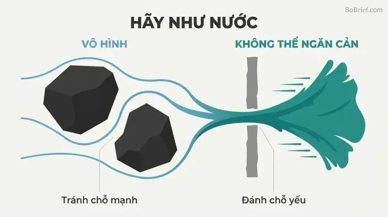 Continuous horizontal water flow transforming from thin adaptive streams around large obstacles into a single concentrated torrent crashing through a narrow gap.
