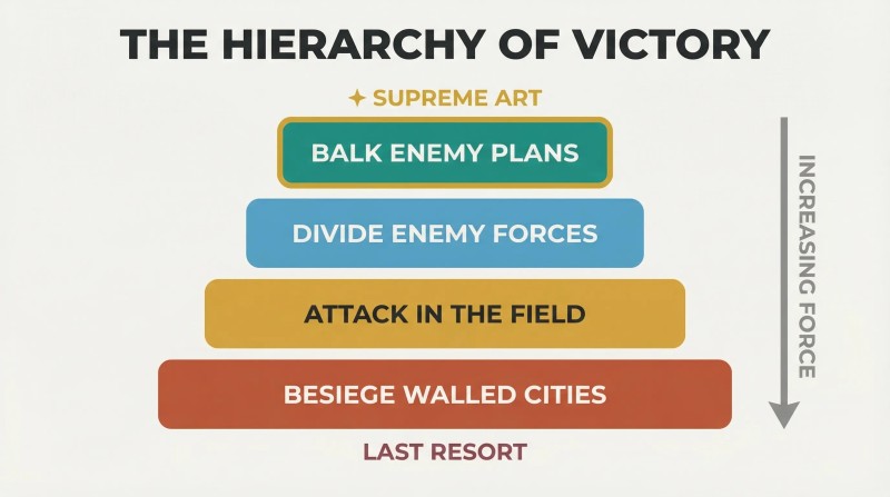 Descending four-tier pyramid ranking military strategies from defeating enemy plans without combat at top to besieging cities at bottom, showing supreme mastery requires the least force.