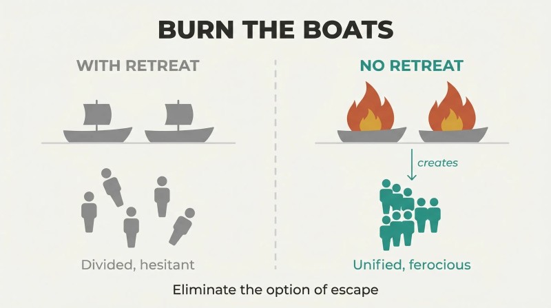 Split panel contrasting scattered gray soldiers with intact boats against a unified teal formation with burning boats behind them, showing how eliminating retreat creates total commitment.