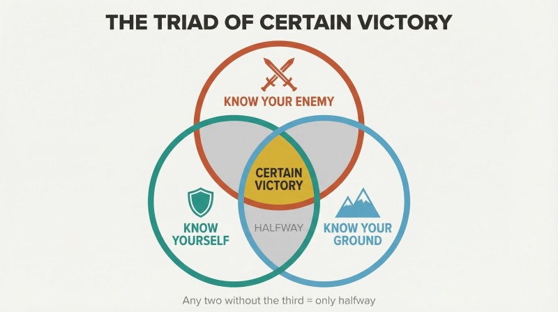 Venn diagram with three overlapping circles for enemy, self, and ground knowledge, their triple intersection highlighted in gold as certain victory.