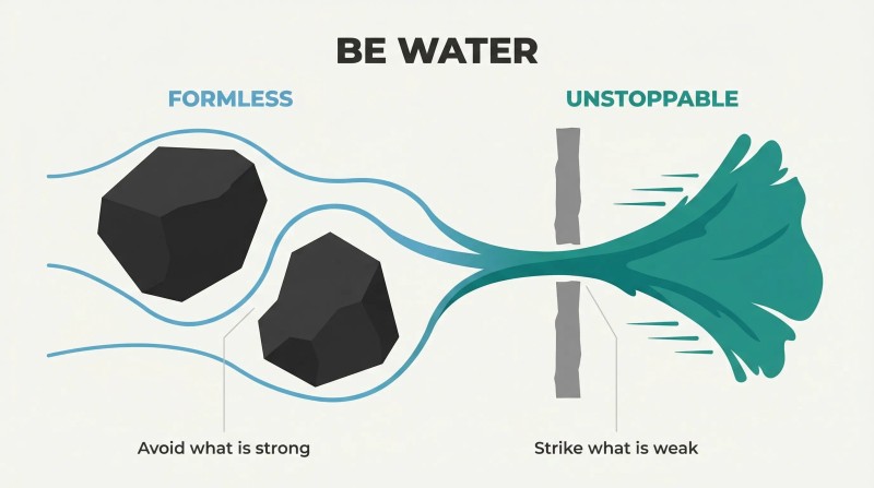 Continuous horizontal water flow transforming from thin adaptive streams around large obstacles into a single concentrated torrent crashing through a narrow gap.