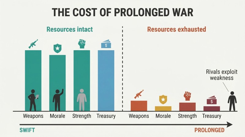 Four resource bars at full height under swift conflict shrink dramatically under prolonged conflict, showing total depletion over time.