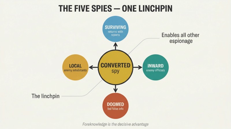 Hub-and-spoke diagram with the converted spy at center connected to four other spy types radiating outward, showing it as the linchpin of all intelligence.