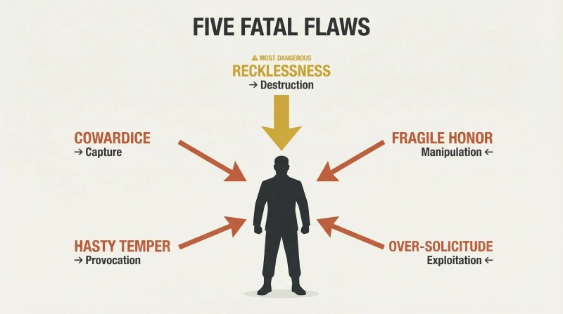 Five labeled arrows converge on a central leader silhouette from different directions, each representing a fatal character flaw and its consequence.
