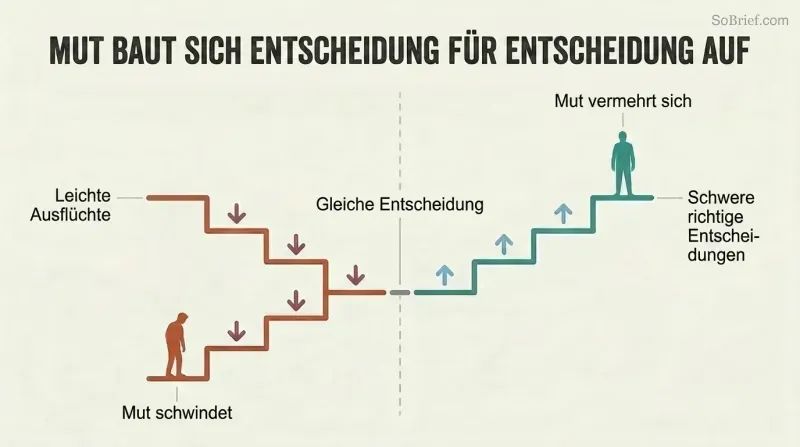 Split panel comparing a descending staircase of easy cop-outs eroding courage against an ascending staircase of hard correct calls building courage over time.