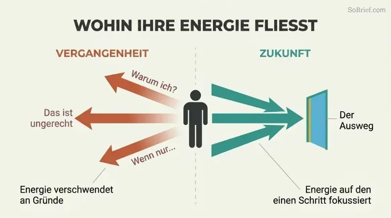 Split panel showing a central figure directing energy either backward into a dissipating void of excuses or forward through a narrow exit representing the way out.