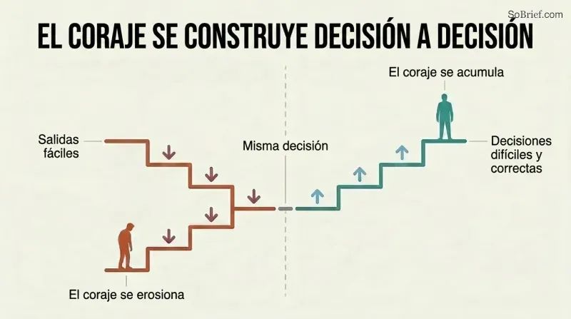 Split panel comparing a descending staircase of easy cop-outs eroding courage against an ascending staircase of hard correct calls building courage over time.