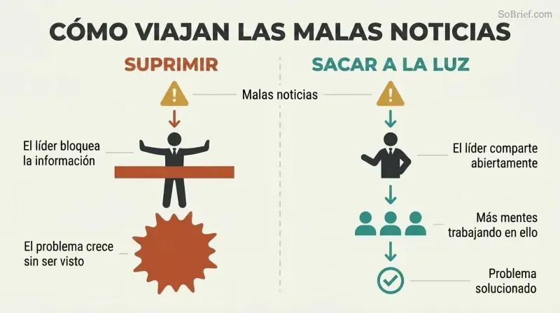 Split panel comparing two cultures: one where a leader blocks bad news causing problems to grow, and one where bad news flows freely to a team that shrinks the problem.