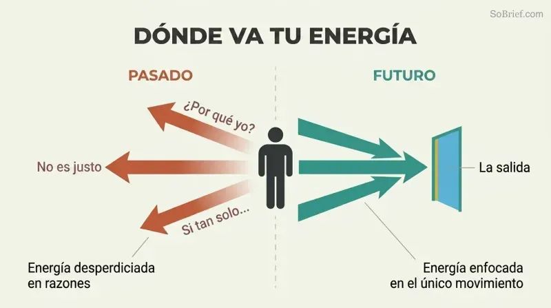Split panel showing a central figure directing energy either backward into a dissipating void of excuses or forward through a narrow exit representing the way out.