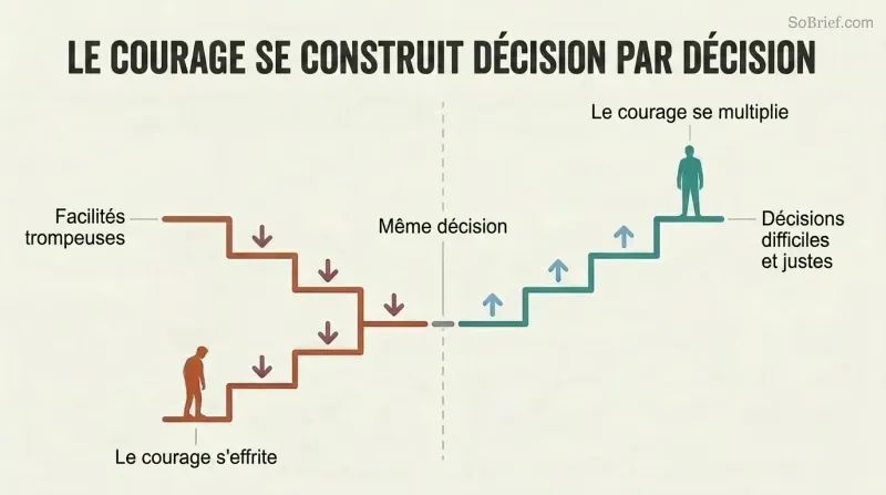 Split panel comparing a descending staircase of easy cop-outs eroding courage against an ascending staircase of hard correct calls building courage over time.