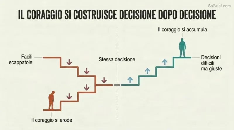 Split panel comparing a descending staircase of easy cop-outs eroding courage against an ascending staircase of hard correct calls building courage over time.