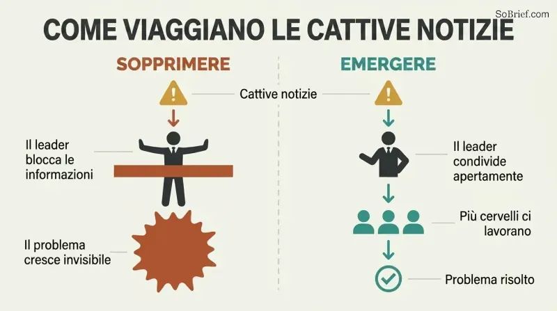 Split panel comparing two cultures: one where a leader blocks bad news causing problems to grow, and one where bad news flows freely to a team that shrinks the problem.
