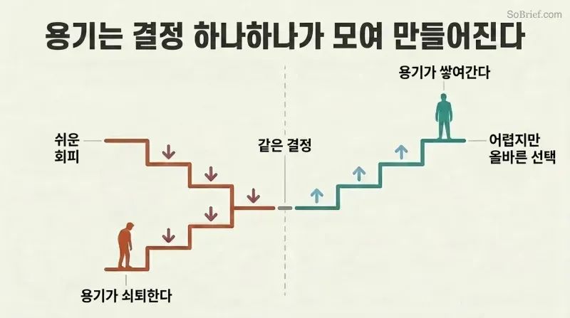 Split panel comparing a descending staircase of easy cop-outs eroding courage against an ascending staircase of hard correct calls building courage over time.