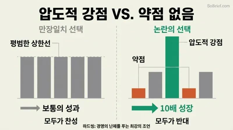Split comparison of two skill-bar profiles where flat moderate bars lead to mediocrity and one towering spike among low bars leads to transformational results.