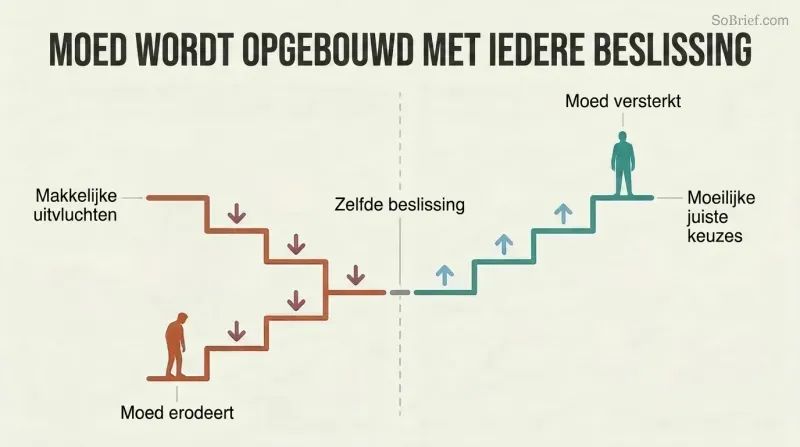Split panel comparing a descending staircase of easy cop-outs eroding courage against an ascending staircase of hard correct calls building courage over time.