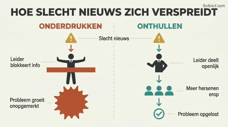 Split panel comparing two cultures: one where a leader blocks bad news causing problems to grow, and one where bad news flows freely to a team that shrinks the problem.