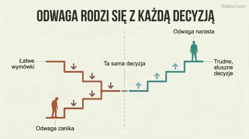 Split panel comparing a descending staircase of easy cop-outs eroding courage against an ascending staircase of hard correct calls building courage over time.